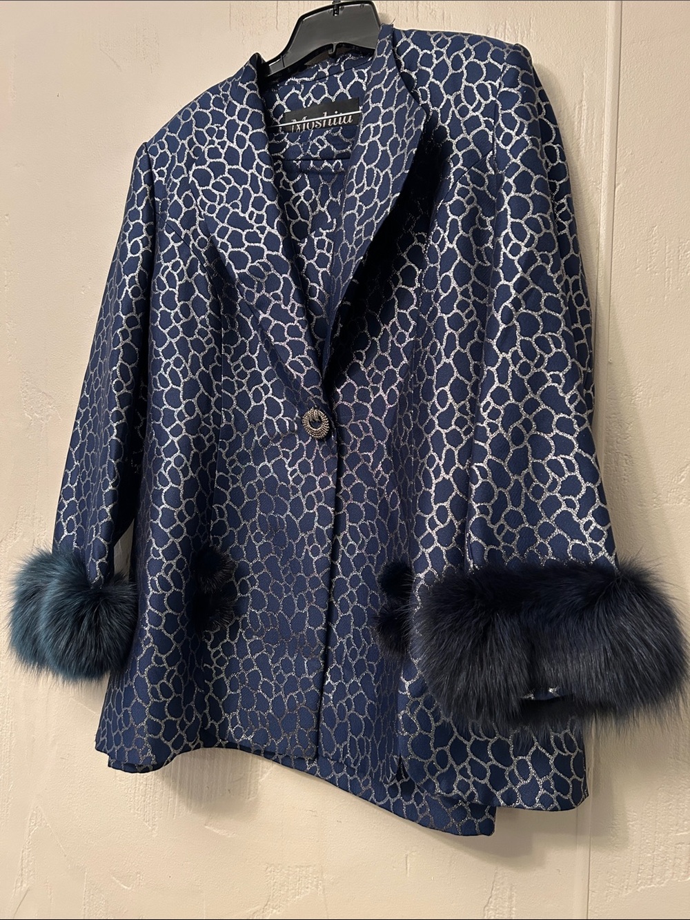 Midnight Navy Patterned Skirt Set Jacket with Faux Fur Cuffs
